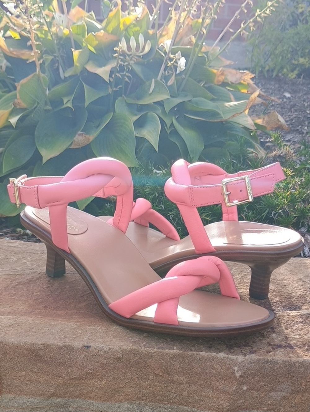 Vionic Angelica Pink Braided Ankle-Strap Kitten Heel Sandals Women's 7.5 NEW